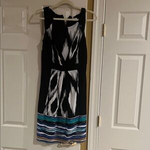 Max & Cleo Black and White Midi Dress with Blue and Green Accents
